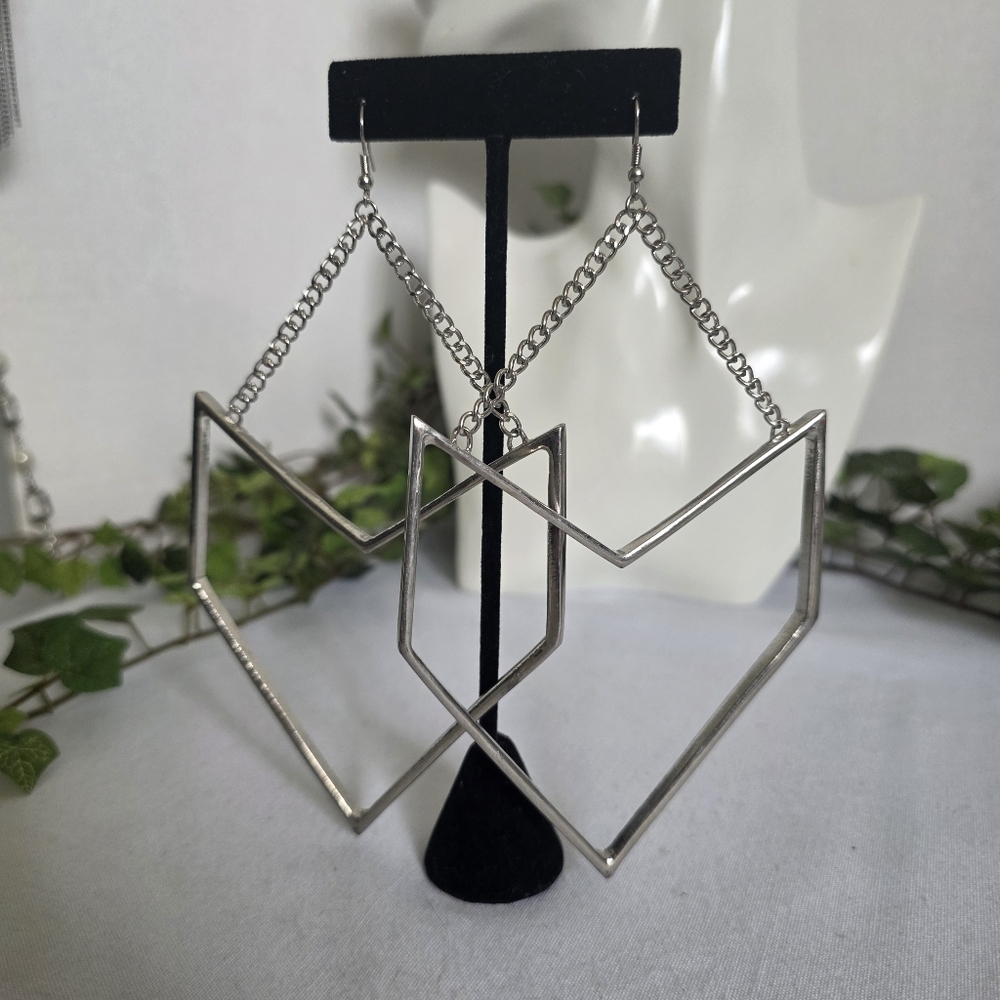 Large Statement Silver Geometric Drop Earrings - image 7